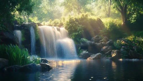Sunlit forest waterfall pours into a calm reflective pool