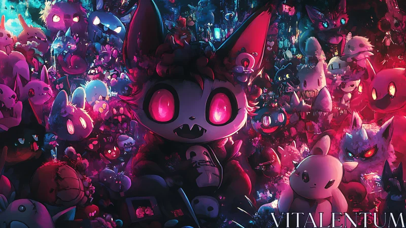 Neon-lit chibi monster crowd with glowing magenta oculars