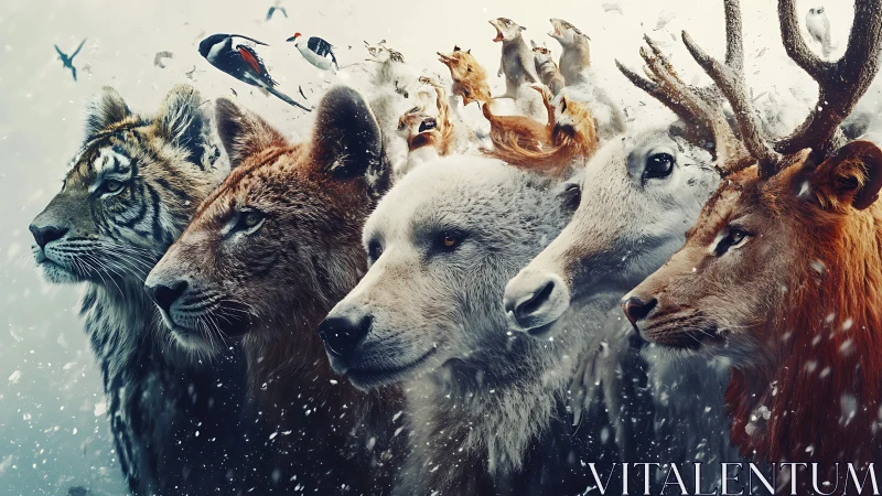 Symmetrical winter wildlife lineup with multi-species portraiture