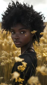 Woman with natural curls standing in golden wildflower field.