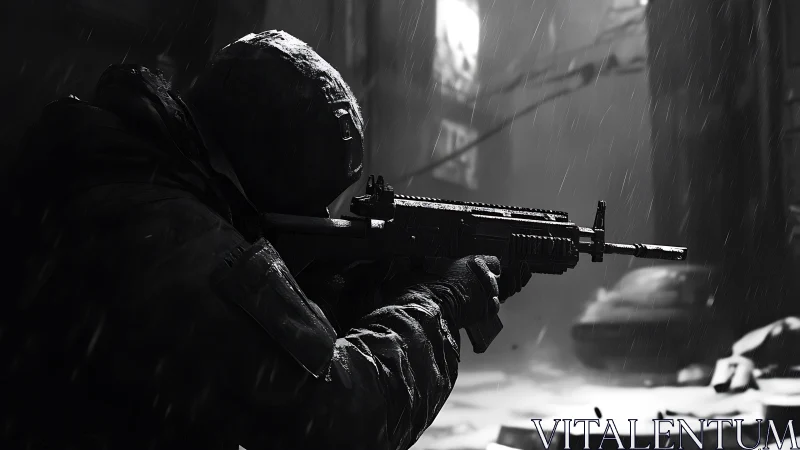 Hooded soldier aiming rifle in rainy urban ruins.