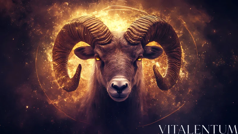 Celestial ram glows with fierce golden cosmic energy.