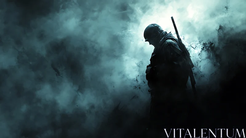 Solitary soldier silhouette in dense battlefield smoke.