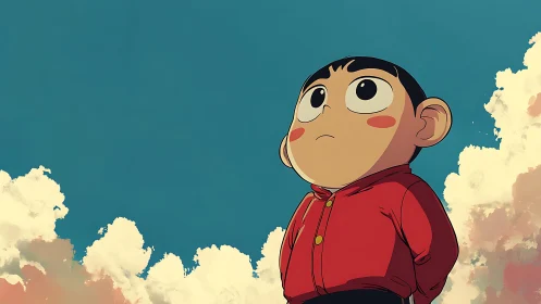 Anime child gazes at vast sky, evoking quiet wonder