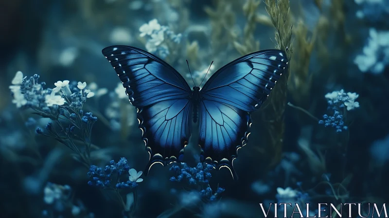 Blue butterfly on foliage in low light natural setting.