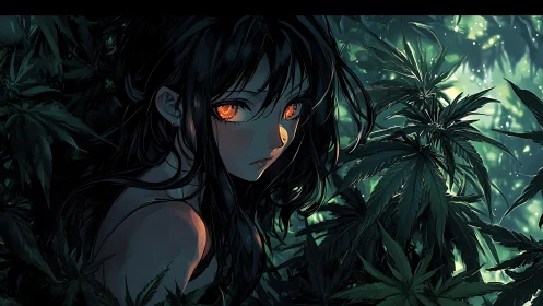 Mystical forest girl with glowing eyes in emerald shadows.