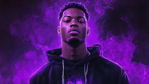 Chromatic vapor portrait of hooded subject in violet haze.