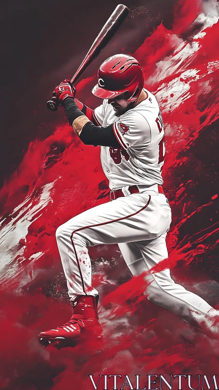 Dynamic red baseball slugger in motion-driven digital artwork.