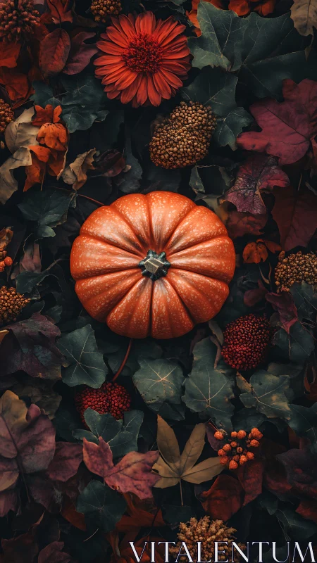 Rich orange pumpkin rests amid moody autumn foliage