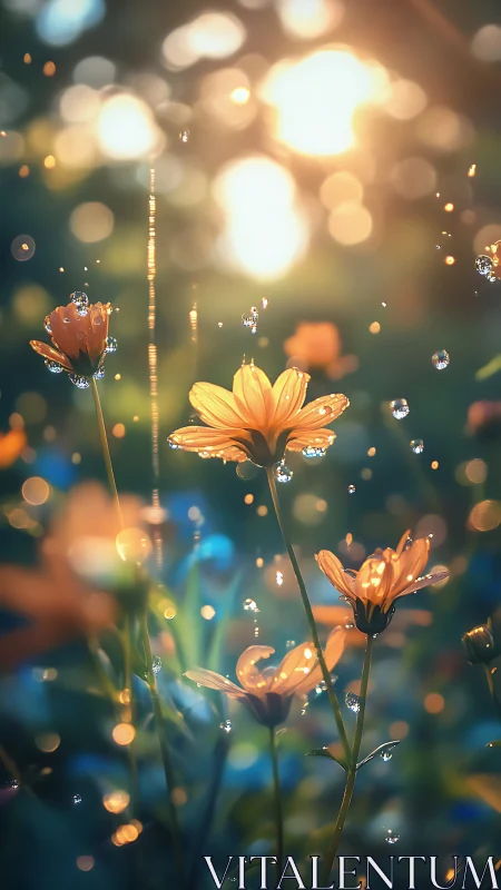 Golden Flowers Adorned With Rain Drops.