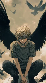 Brooding winged youth crouches under storm-tinted sky.