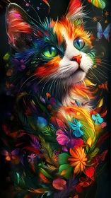 Chromatic Felid Portrait with Botanical Elements and Vibrant Gradient Composition