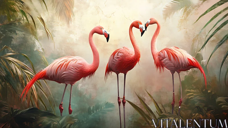 Triadic flamingo group rendered in lush painterly rainforest