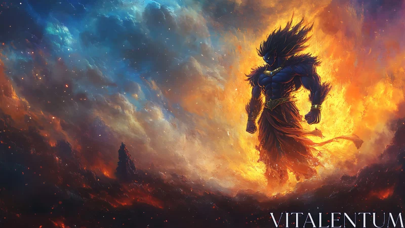 Mythic humanoid figure stands in burning atmospheric vortex