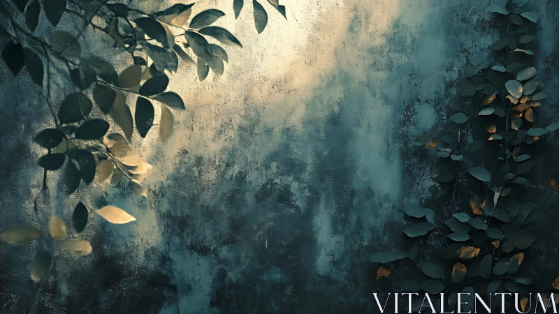 Moody foliage against textured teal concrete wall.