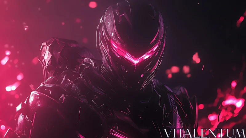 Cybernetic combat exosuit portrait with neon magenta visor glow