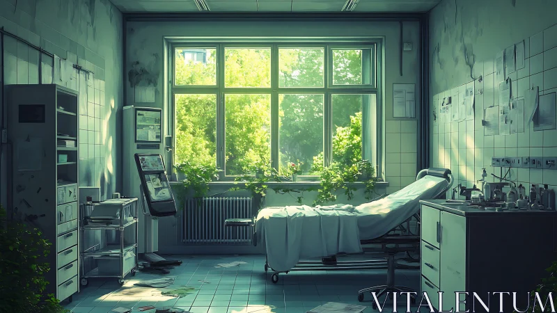 Abandoned hospital room shows empty bed and bright window