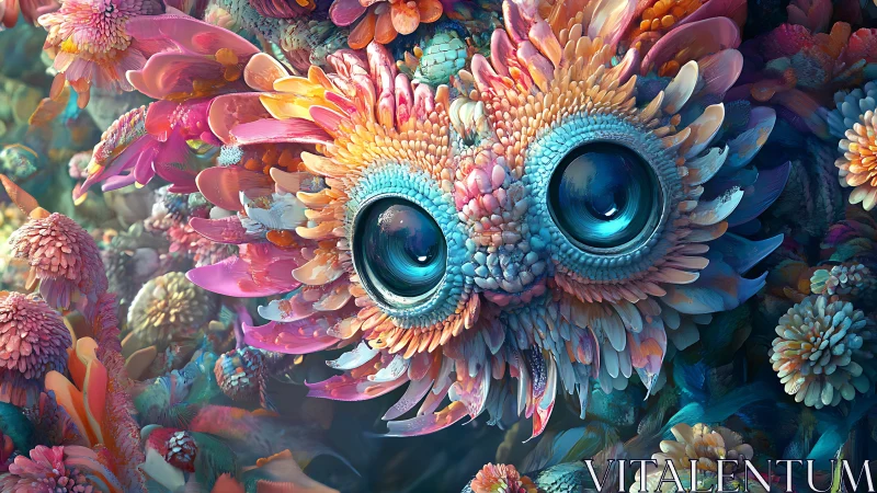 Digital painting of floral-plumed creature with hyperreal eyes.