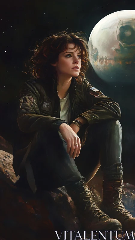 Solitary spacefarer rests beneath a distant alien moon