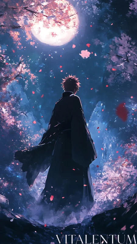 Moonlit wanderer pauses beneath drifting sakura storms