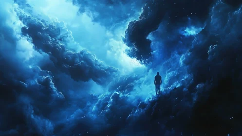 Lone figure walks glowing azure storm of cosmic clouds.