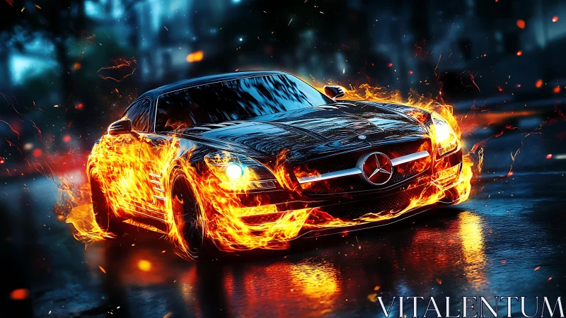 Mercedes luxury sedan engulfed in orange flames with digital particle effects