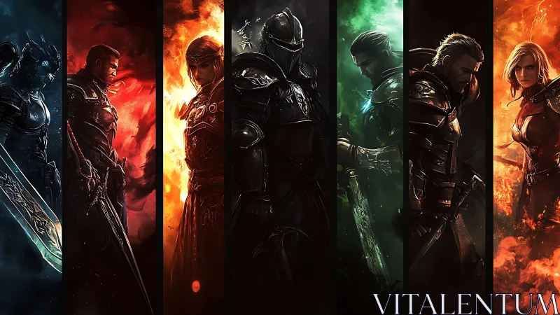 Elemental fantasy heroes aligned in vertical battle banners.