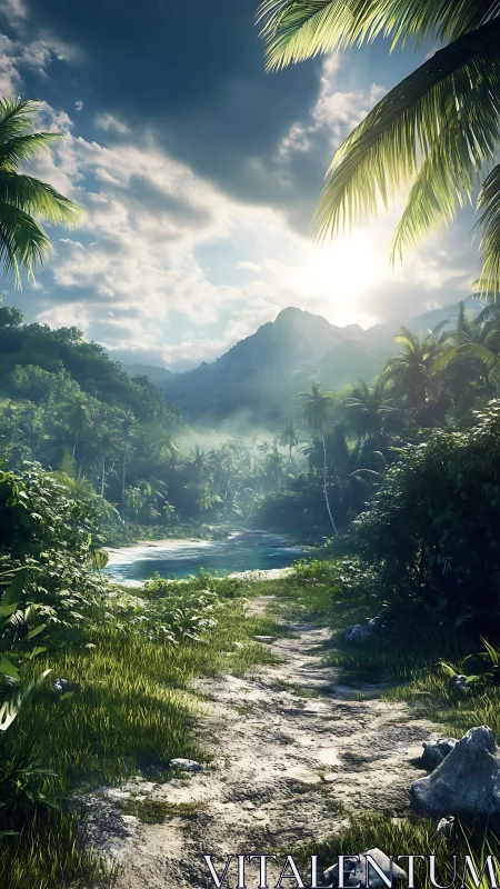 Tropical River Valley Landscape with Mountains and Palm Trees.