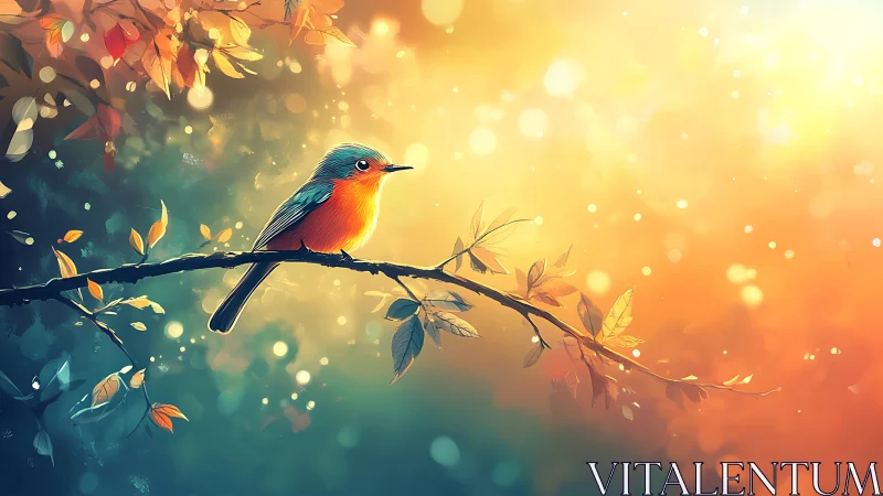 Colorful songbird on autumn branch in dreamy digital art style.