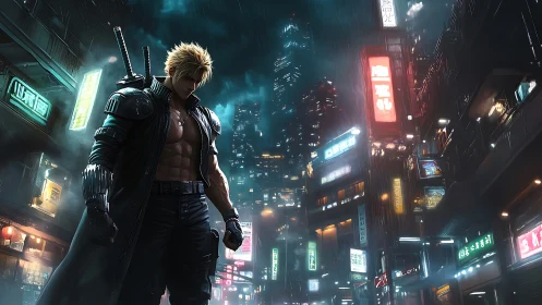 Brooding cyber warrior in neon soaked rainy megacity streets.