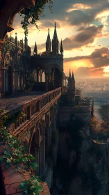 Gothic cliffside citadel terrace at golden sunset light.