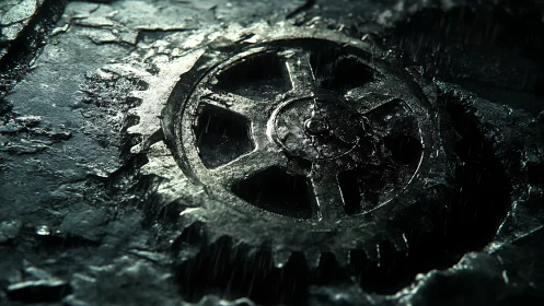 Wet metal gear lies in dark, corroded mechanical surface