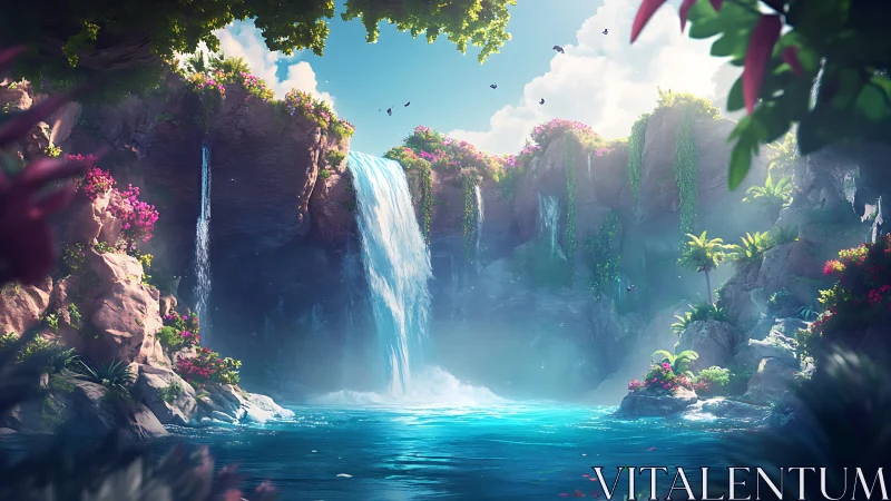 Sunlit hidden lagoon with dreamy waterfalls and wild blooms.
