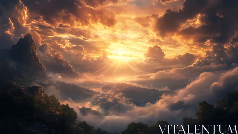 Volumetric sunrise over stratified cloud valleys and peaks.