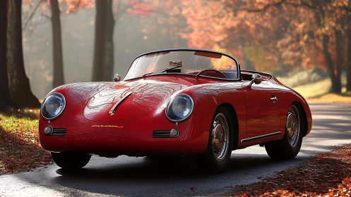 Crimson classic roadster drifting through a quiet autumn lane.