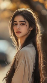 Soft golden-hour portrait of young woman with long hair.
