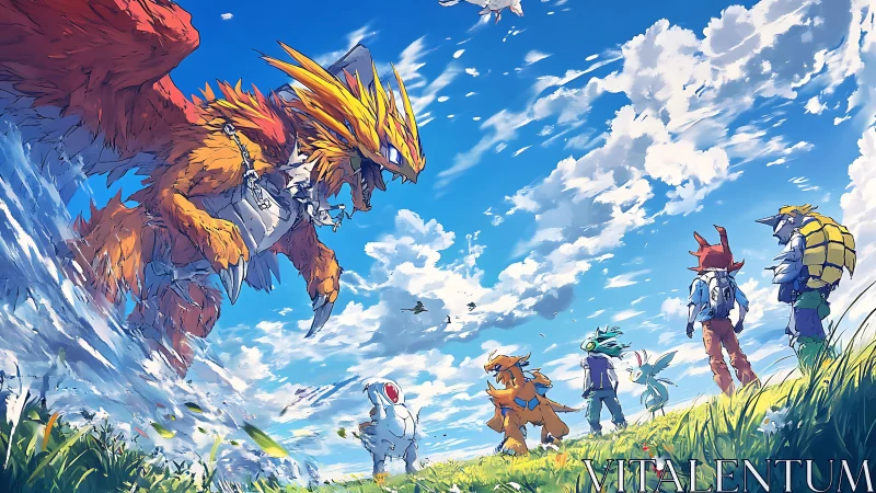 Brave friends greet a soaring beast under bright summer skies.