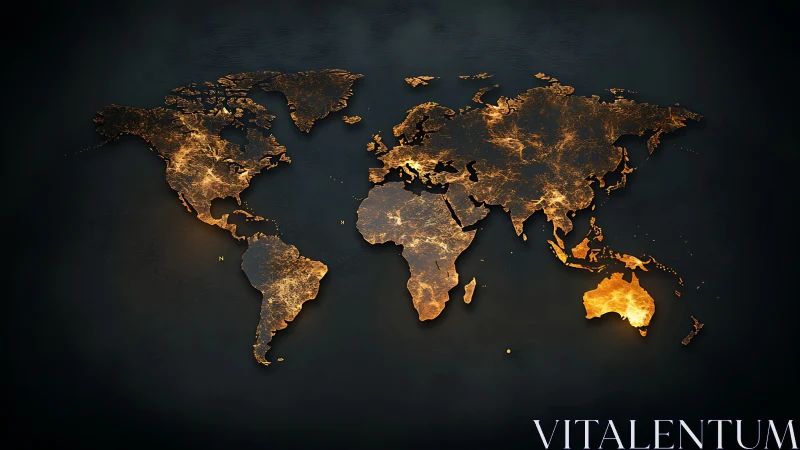 Glowing world map silhouette radiates golden city lights