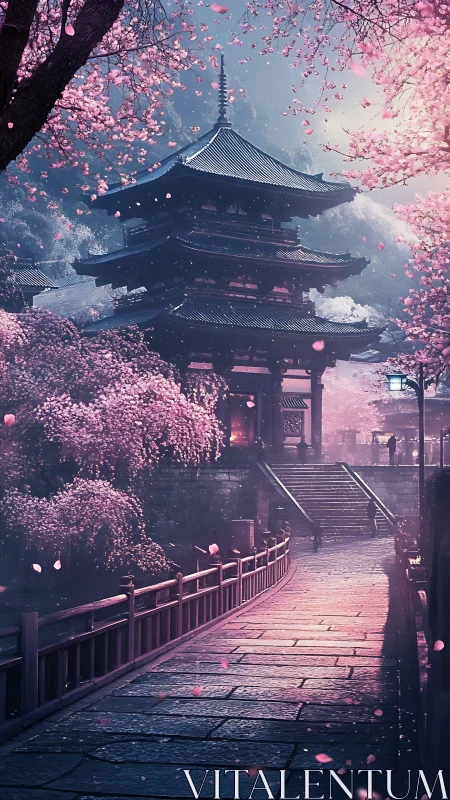Pagoda pathway under dense pink cherry blossom canopy.