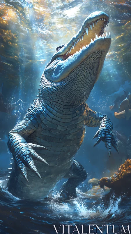 Colossal underwater crocodile surges through glowing depths.