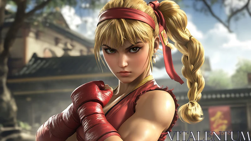 Braided warrior girl ready to fight in a sunny courtyard.