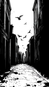 Midnight crows drifting above a stark silent alleyway.