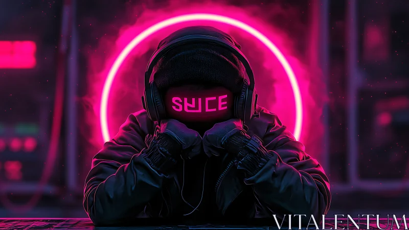 Neon hooded listener rests within a glowing cyberpunk halo