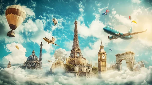 Multiple landmarks and aircraft appear against clouded sky