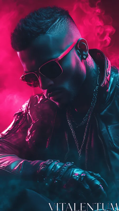 Neon-lit cyberpunk portrait of man in leather and chains