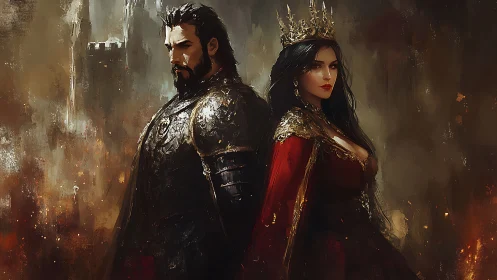 Regal warrior couple in gilded armor, painterly fantasy study.