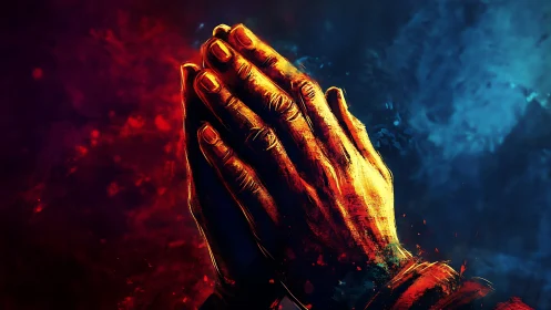 Gentle hands rest in prayerful light between fire and sky