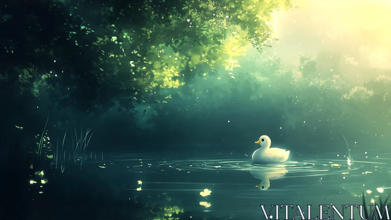 Sunlit forest pond with a daydreaming little duckling.