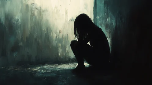 Digital painting of solitary figure in chiaroscuro interior space.