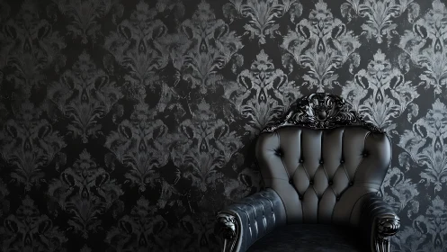 Baroque black leather armchair against dark damask wall.